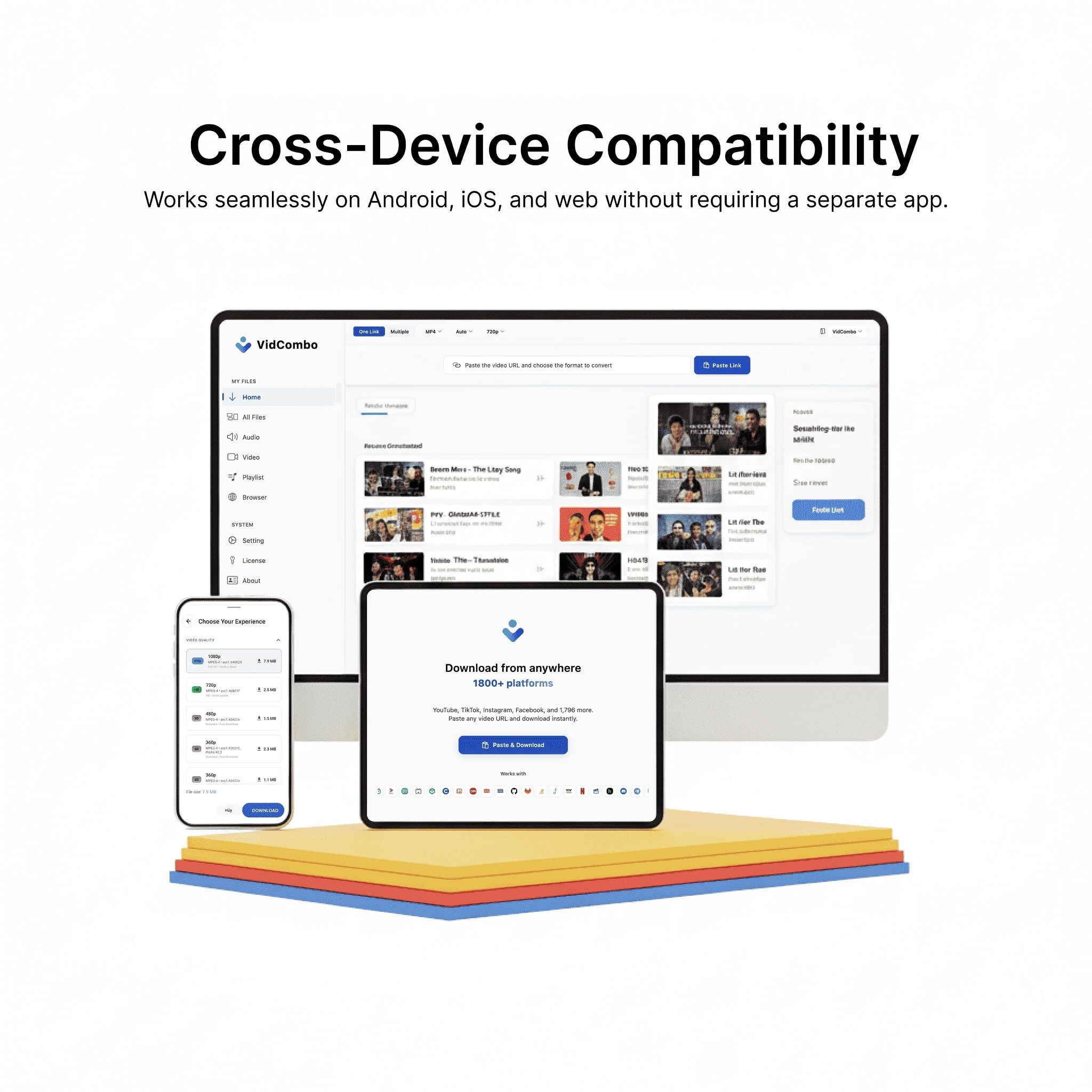 Vidcombo synchronized across Windows laptop, MacBook, iPhone and Android devices showing seamless downloads